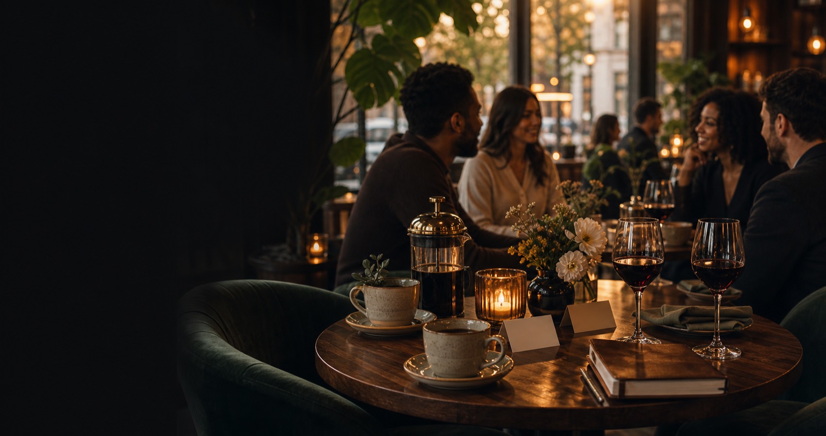 A candlelit table set with coffee and wine in a warm evening venue