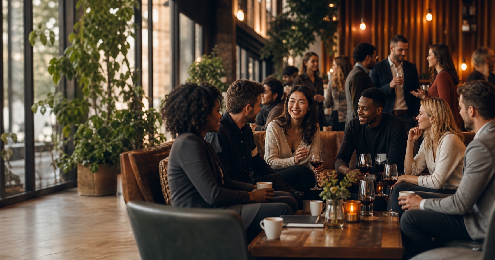 A group of professionals talking over coffee and wine at a hosted gathering
